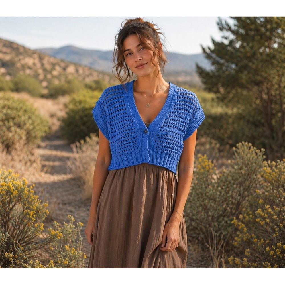 Handmade Womens Cardigan Sz M Crochet Cobalt Blue Twee Cottage Cropped Layering - Picture 2 of 7